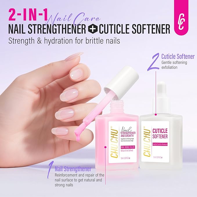 CHUCHU Nail Strengthener and Repair Kit: Pink Hardener and Growth & Cuticle Softener Set - Protein Ridge Filler Polish Quick Dry for Weak Peeling Brittle Splitting Nails - for Women Home Salon