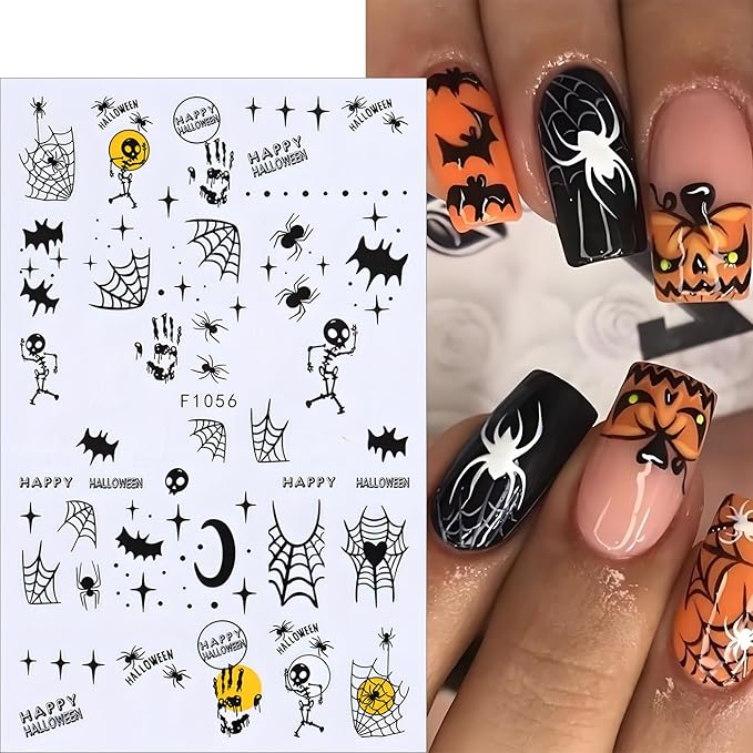 Halloween Nail Art Stickers, Cute Cat Nail Decals 3D Self-Adhesive with Spider Bat Pumpkin Flower Skull Spider Web Design 6Pcs Halloween Nail Art Supplies for Women Nail Decoration