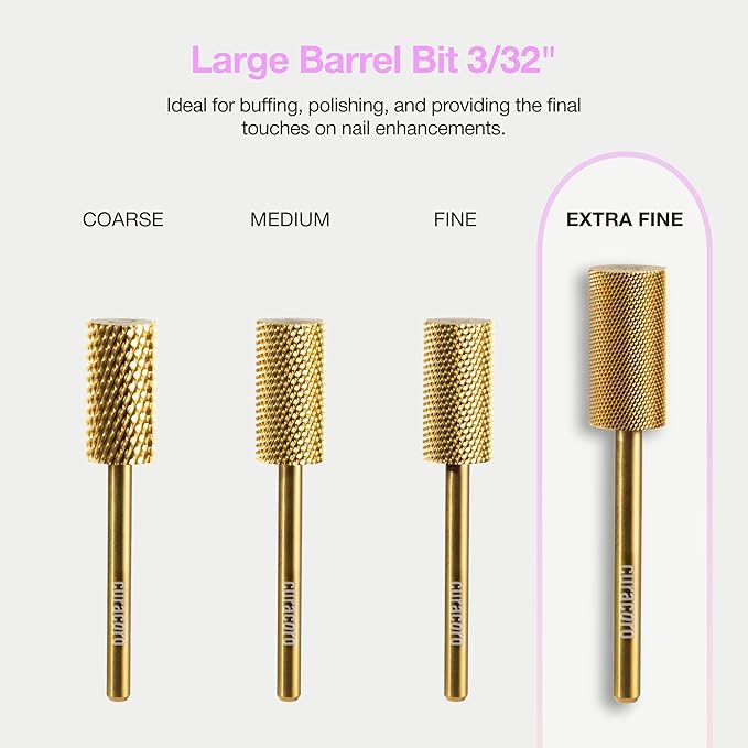 Curacoro Nail Drill Bits 3/32'' - Safe Smooth Stop Large Barrel Carbide Bit (Extra Fine) for Flawless, High-Shine Finish, Refine & Perfect Nail Enhancements, Nail Art Pedicure Manicure Salon & Home
