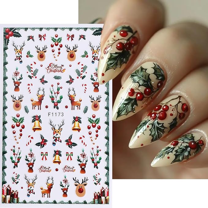 Christmas Nail Art Stickers 3D Deer Holly Bell Christmas Nail Stickers 6PCS Santa Claus Xmas Tree Snowman Snowy Tree Design 3D Self-Adhesive Xmas Nail Decals Nail Art Supplies for Women DIY Nail Salon
