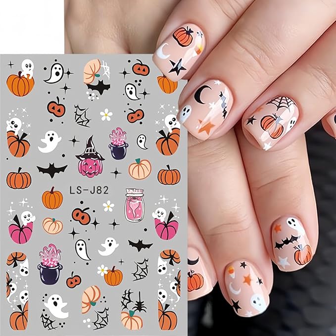 8 Sheets Halloween Cute Ghost Nail Stickers for Nail Art Self-Adhesive Decals With Spider, Bat, Pumpkin, Spider Web Designs - Manicure Holiday Decorations Charms for Women