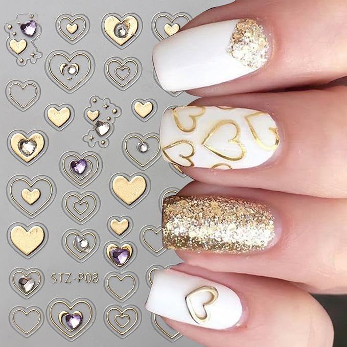 Heart Star Nail Art Stickers Decals, Gold Silver Nail Stickers,Shiny Hollow Love Stars with Diamond Nail Sticker 3D Kawaii DIY Crafts Acrylic Nails Decor for Women Nail Art Supplies 4PCS