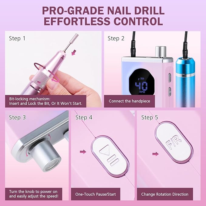 Professional Nail Drill, 40000RPM Electric Nail File for Acrylic Gel Nails Polishing Removing, Rechargeable Portable Cordless Nail Drill Kit with Full Set of Accessories at Salon Home