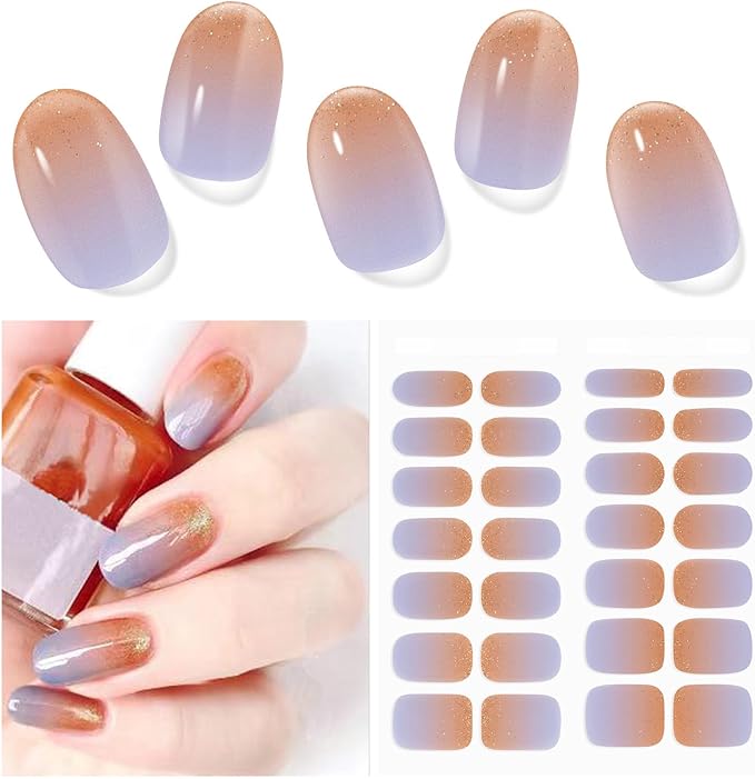 Semi Cured Gel Nail Strips | 28 PCS Gel Nail Stickers Work with Any UV Lamps, Long Lasting Nails Wraps for Women Home DIY Nails Art (Purple Sunset Glow)