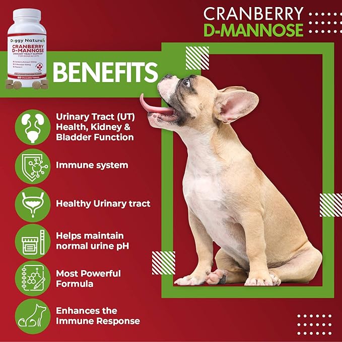 Cranberry D-Mannose for Dogs and Cats Urinary Tract Infection Support Prevents and Eliminates UTI, Bladder Infection Kidney Support, Antioxidant (Single Strength Tablet, 60 Count)
