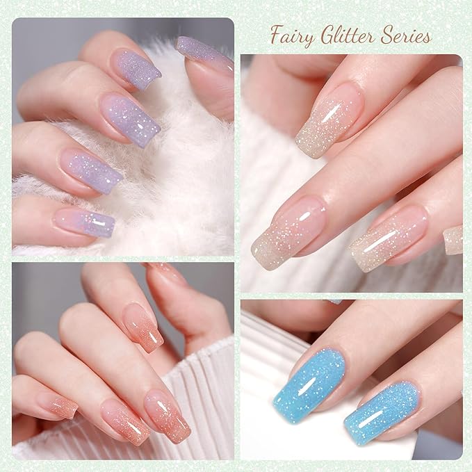 CANNI 8 Pcs 9 ML Glitter Gel Nail Polish Set, Shimmer Sparkly Pink Yellow White Purple Blue Green Colors Gel Polish Kit Soak Off Led Nail Art Gel Manicure Salon DIY Gifts