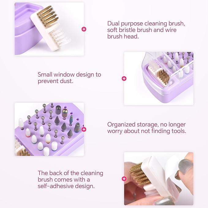 2 in 1 Nail Drill Bit Holder & Nail Drill Bit Cleaner Brush Case 30 Holes Dustproof Nail Drill Bit Display Stand Organizer Box Manicure Drill Bits Cleaning Brush Bits Storage Tool, Grey
