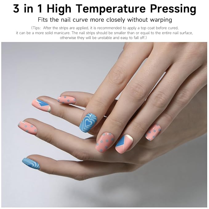 Semi Cured Gel Nail Strips, Blue Heart | 28 pcs Gel Nail Strips Work with Any UV Lamp, Salon Quality UV Nails Stickers, Easy to Apply for Home Nails DIY