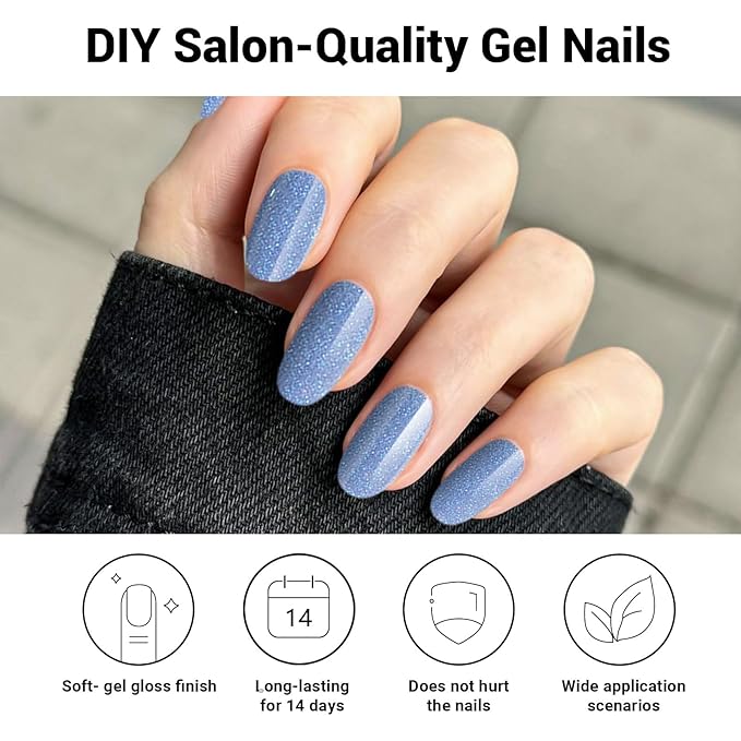 Semi Cured Gel Nail Strips, Blue Fine Flash | 28pcs Work With Any UV Lamp, Stickers for Women Girls, Includes Prep Pads, File & Wood Stick