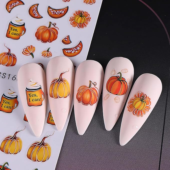 Fall Maple Leaves Nail Art Stickers for Thanksgiving, Fall Pumpkin Nail Decals 3D Self-Adhesive with Maple Leaves Design 6Pcs Fall Glitter Nail Art Supplies for Women Nail Decoration