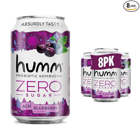 Humm Probiotic Kombucha Zero Sugar Acai Blueberry, No Refrigeration Needed, Keto Friendly, Organic, Vegan, Gluten Free, 12oz Cans (8 Pack)