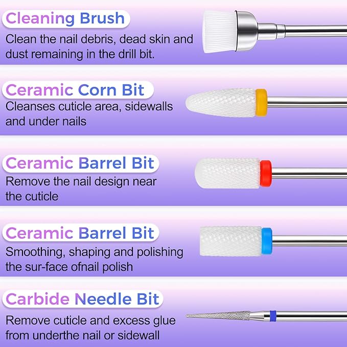 Fantexy 10Pieces Ceramic Nail Drill Bits, 3/32 Inch Professional Acrylic Nail Bit Set,Nail File Bits Nail Art Tools For Electric Manicure Machine Home Salon Use