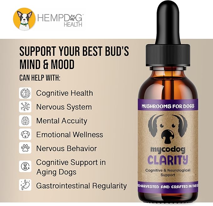 MycoDog Clarity - Mushroom Extract & Adaptogen Tincture for Canines - Ashwagandha Supplements for Nervous, Mental, & Emotional Support - Reishi, Cordyceps, & Lions Mane Supplement