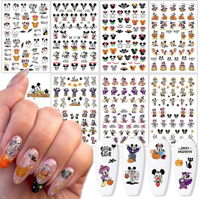 8 Sheets Halloween Nail Art Stickers Decals 3D Self-Adhesive Horror Gothic Ghost Bat Spider Web Nail Decals Design Halloween Stickers for Women DIY Manicure Cartoon Party Nails Decoration Supply