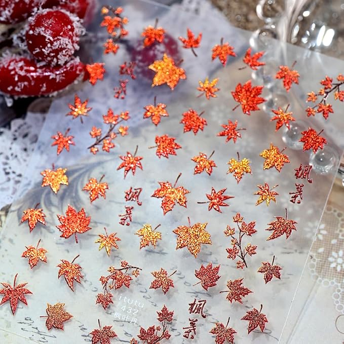 1 Sheets Fall Nail Stickers for Nail Art 5D Embossed Autumn Maple Leaves Nail Art Stickers with Red Maple Leaf Glitter Design Thanksgiving Nail Decals Nail Supplies Manicure Accessories for Women DIY