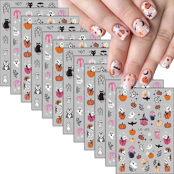 12 Sheets Halloween Nail Art Stickers Pumpkin Bat Nail Decals Ghost Cat Blood Designs Nail Stickers for Nails Art 3D Self-Adhesive Halloween Manicure Decoration for Women