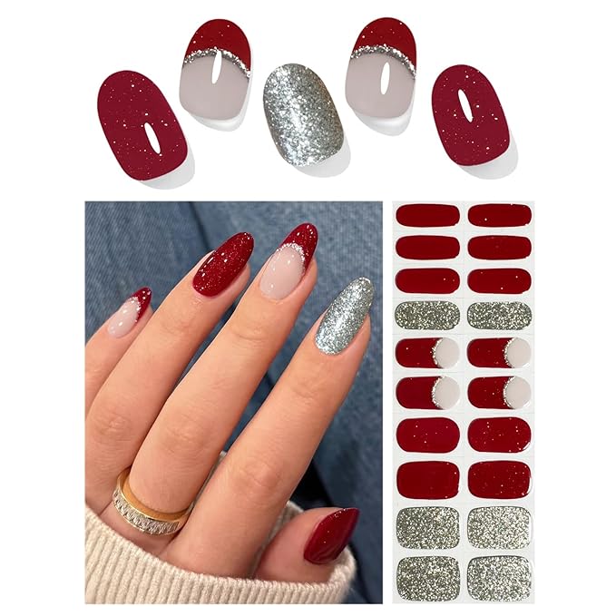 Semi Cured Gel Nail Strips, 20pcs Red Glitter Wraps Work with UV for Home Nail Art DIY, Easy to Use and Remove