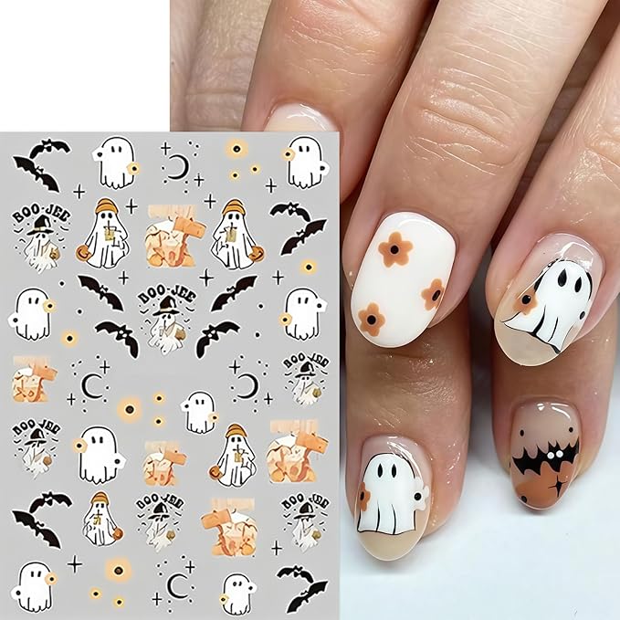 8 Sheets Halloween Nail Art Stickers Cute Flower Ghost Pumpkin Nail Decals Spooky Ghost Spider Web Bats Nail Design Stickers Floral Star Moon Nail Art Supplies for Women Holiday Nail Art Decorations