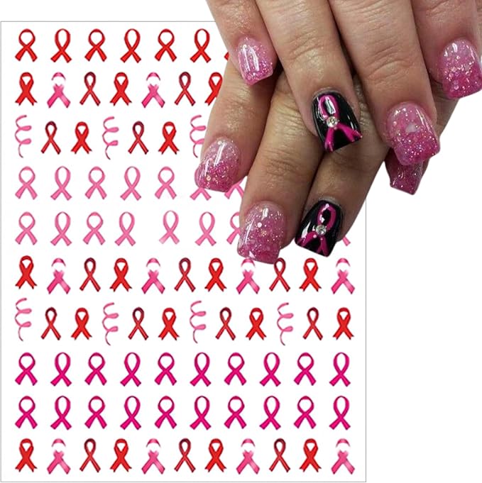 Breast Cancer Nail Art Stickers 3D Self-Adhesive Pink Ribbon Nail Stickers Heart Breast Cancer Awareness Design Nail Decals Stickers for Women Girls DIY Manicure Decoration 8Sheets