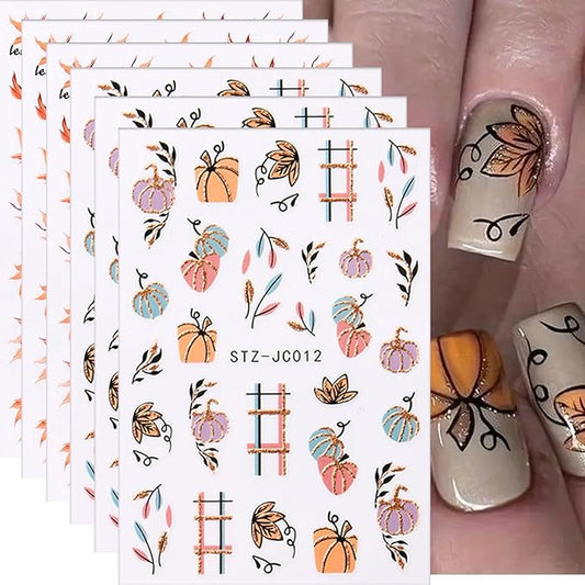 6 Sheets Fall Nail Art Stickers Decals, Thanksgiving Nail Art Accessories 3D Self Adhesive Fall Leaves Nail Decals Autumn Pumpkin Maple Leaf Nail Design DIY Manicure Decoration for Women Nail Supplies
