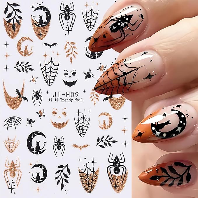 Halloween Nail Art Stickers Glitter Pumpkin Spider Web Nail Decals 3PCS Ghost Spider Gold French Tip 3D Self-Adhesive Design Halloween Nail Stickers Nail Art Supplies for Women DIY Manicure Decoration