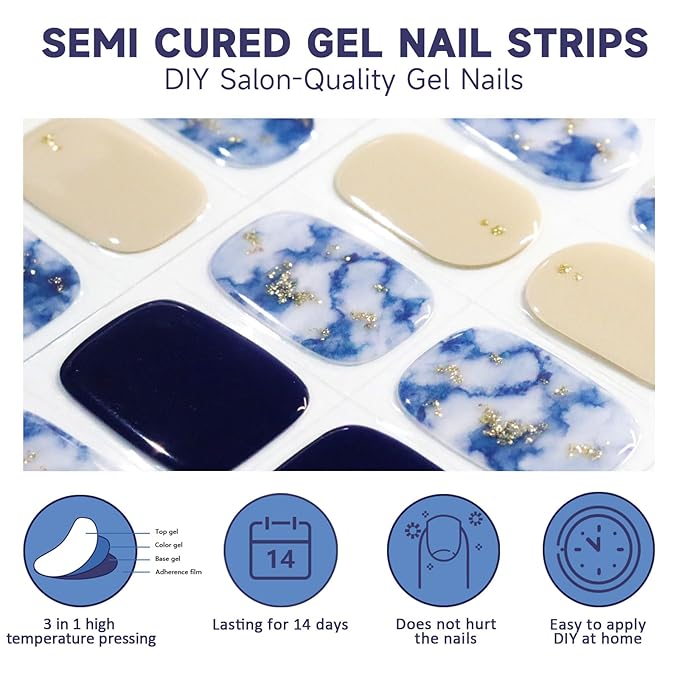 Semi Cured Gel Nail Strips,28 Pcs Gel Nail Stickers Wraps(Ocean Blue),Long Lasting Stickers Works with Any UV Light, Easy to Apply