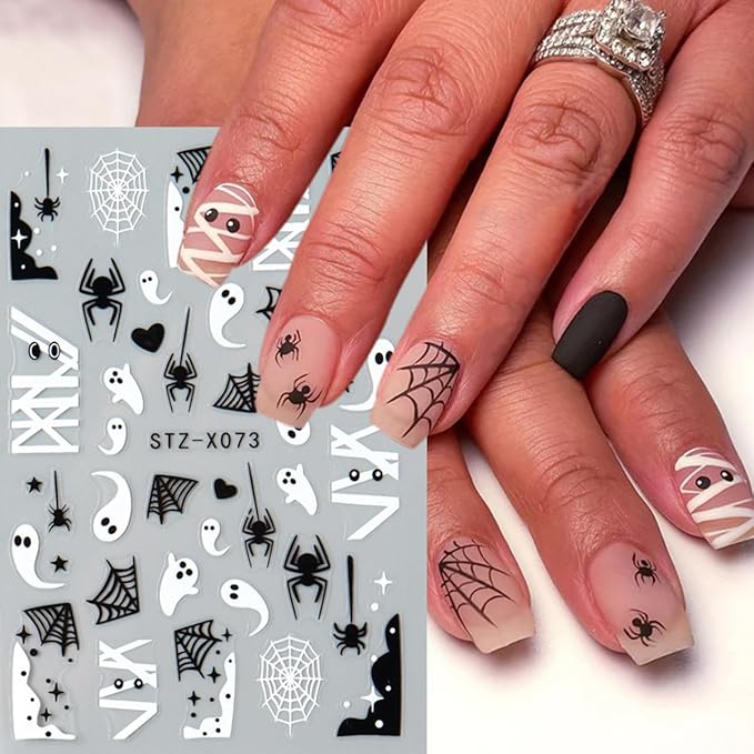 Halloween Nail Art Stickers Halloween Ghost Spider Web Nail Decals 6PCS Cute Ghost Love Heart Spider Web Boo Spider Blood Drip Self-Adhesive Nail Art Supplies Manicure Stickers for Holiday Nail Design