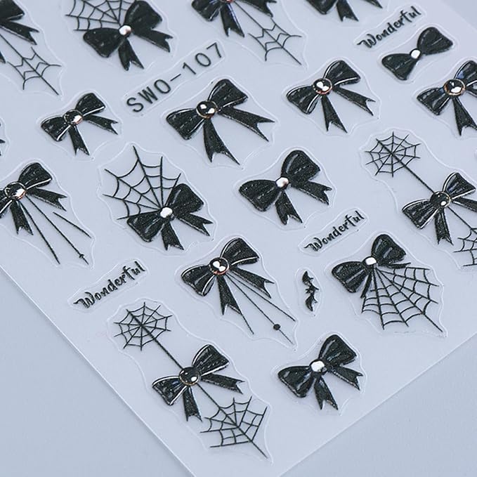 2Pcs Halloween Nail Art Stickers Decals 5D Embossed Halloween Spider Web Nail Decals Black Spider Web Bow Pattern Nail Designs Y2K Style Nail Supplies for Women Manicure Tip Decorations Accessories