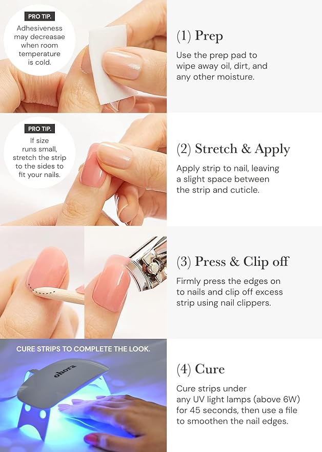 ohora Semi Cured Gel Nail Strips (N Bare Peach) - Works with Any UV/LED Lamps, Salon-Quality, Long Lasting, Easy to Apply & Remove - Includes 2 Prep Pads, Nail File & Wooden Stick