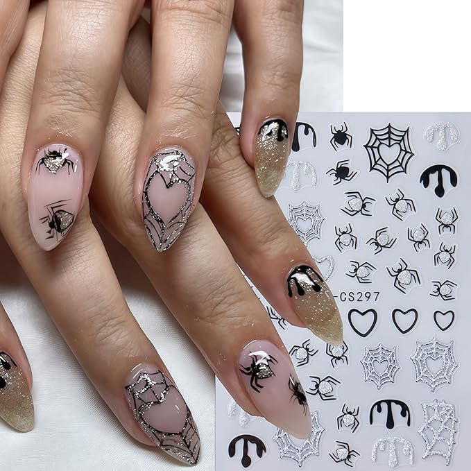 8 Sheets Halloween Nail Art Stickers 3D Self-Adhesive Shiny Gold White Silver Spider Web and Spider with Glitter Nail Art Design Sticker Festival Spiders Nail Stickers for DIY Manicure Decoration
