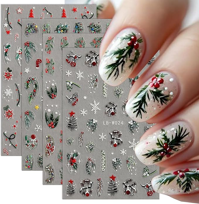Christmas Nail Art Stickers Winter Nail Decals Snowflake Nail Stickers for Nail Art Cedar Green Red Christmas Tree Design 3D Self Adhesive Nail Sticker for Women Decor Holiday Accessories 4 Sheets