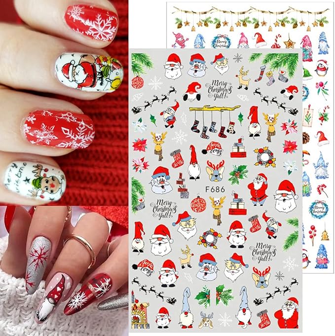10 Sheets Christmas Nail Stickers 3D Xmas Decals Winter White Snowflake Santa Claus Snowman Bell Reindeer for Women Girls Christmas Designs Decoration Charms