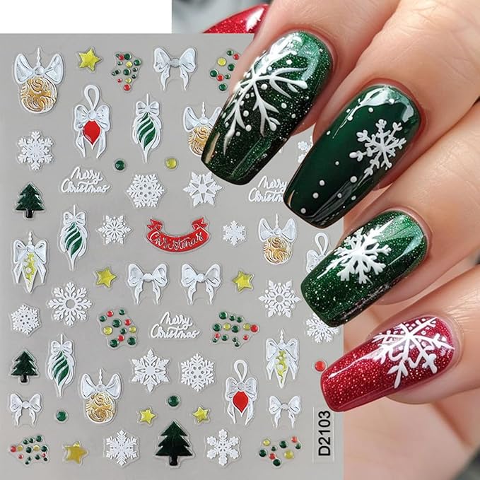 Christmas Nail Art Stickers Decals Crystal Ball Snowflake Nail Decals 3D Self-Adhesive Xmas Nail Art Supplies 6PCS Snowman Holly Leaf Santa Claus Bow Xmas Nails Design Manicure Slider for Women Girls