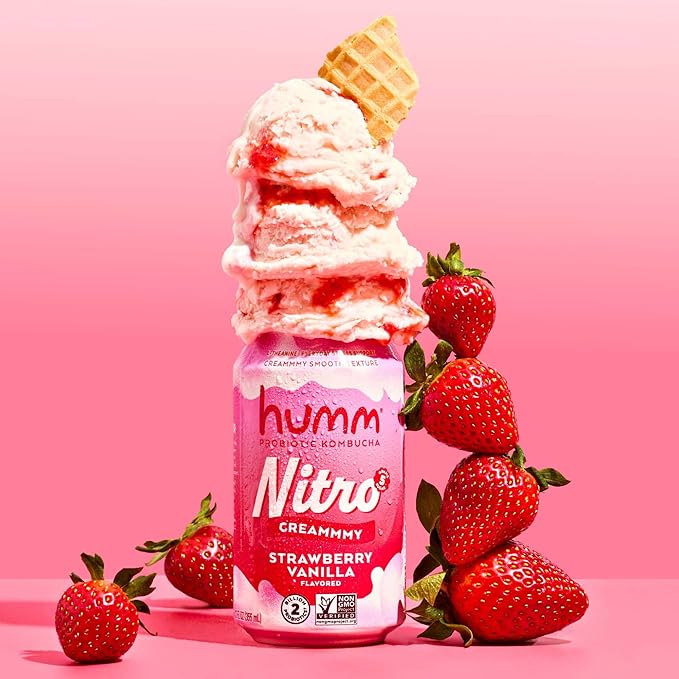 Humm Nitro Kombucha Variety Pack, Creamy Smooth Probiotic Drink with L-Theanine, Includes Blackberry Vanilla, Orange Dream Pop & Strawberry Vanilla, Non-GMO, Vegan, Gluten Free, 12 fl oz (Pack of 12)