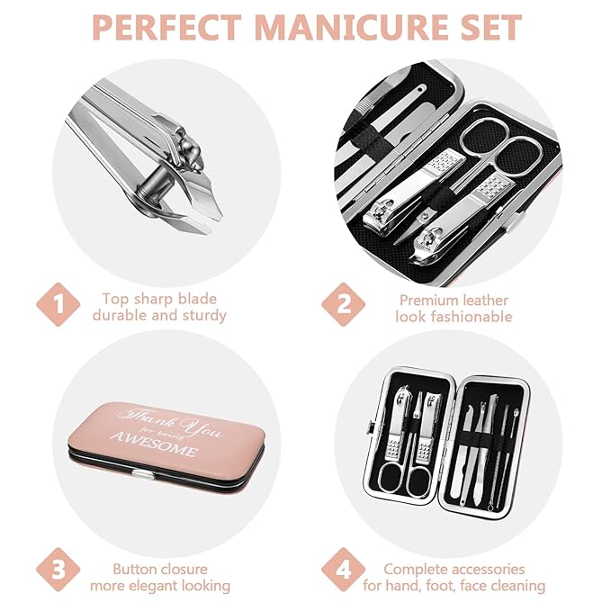 Therwen 24 Sets Manicure Set Nail Clippers 8 in 1 Stainless Steel Grooming Nail Kit Thank You Appreciation Gift Professional Pedicure Tool for Men Women Personal Care(Pink)