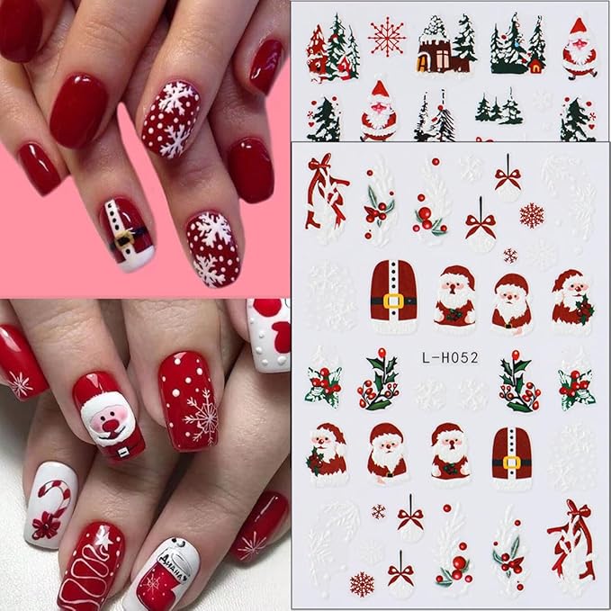 6 Sheets Christmas Nail Stickers for Nail Art Self-Adhesive Christmas Tree Snowman Nail Decoration 3D Santa Claus Nail Art Stickers Winter Xmas Snowmen Snowflake Nail Decals for Women Girls Nail Art
