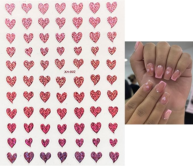 12 Sheets Valentine's Day Nail Art Stickers 3D Self-Adhesive Nail Decals Colorful Love Heart Nail Stickers Red Pink Valentines Nail Sticker for Women Supplies