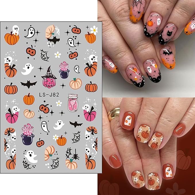 12 Sheets Halloween Nail Art Stickers Pumpkin Bat Nail Decals Ghost Cat Blood Designs Nail Stickers for Nails Art 3D Self-Adhesive Halloween Manicure Decoration for Women