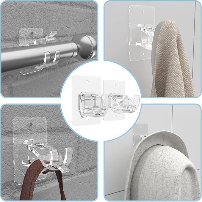 CIEMGNZOC 4PCS No Drill Curtain Brackets, Self-Adhesive Rod Holders, Adjustable Hooks for Rods Under 1.57 Inch (Transparent)