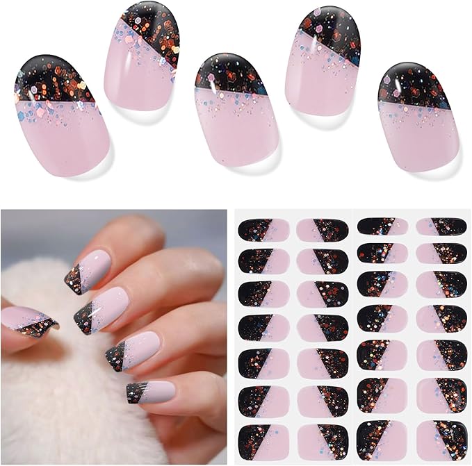 Semi Cured Gel Nail Strips | 28 pcs Black French Gel Nail Stickers Work with Any UV Lamps, Long Lasting Nails Wraps for Women DIY Nails Art