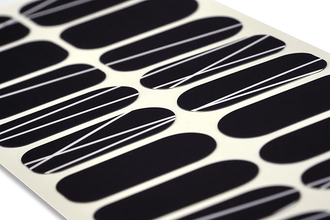 | 20 Exquisite Gel Nail Polish Strips w/Application Accessories - No UV/LED Lamp Required (Black Matte w/White Lines)