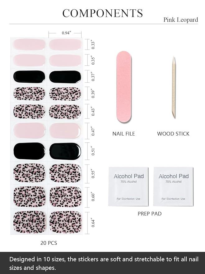 Semi Cured Gel Nail Strips (Pink Leopard), Purple, 20 Pcs Gel Nail Wraps, Stickers, UV Light Required, Salon Quality, Long Lasting