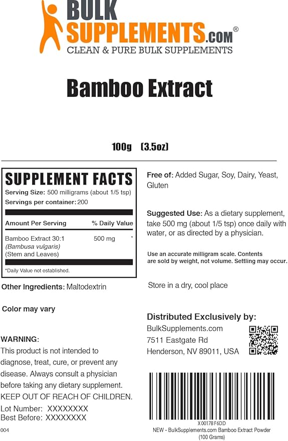 BulkSupplements.com Bamboo Extract Powder - Silica Supplements, Bamboo Supplement - Herbal & Gluten Free, 500mg per Serving, 100g (3.5 oz) (Pack of 1)