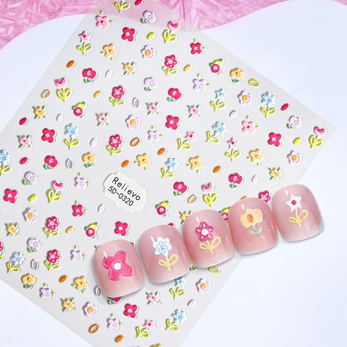 Colorful Flower Nail Stickers for Nail Art, 5D Embossed Nails Art Stickers Decals Self Adhesive Floral Nail Sticker for Women Spring Nails Sticker Decoration