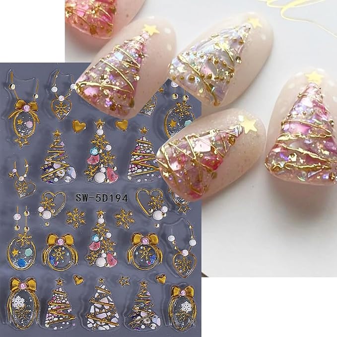 Christmas Nail Art Stickers 5D Relief Nail Decals Bow Nail Stickers for Nail Art Colorful Christmas Tree Heart Bow with Rhinestone Design Snowflake Nail Sticker for Women DIY Holiday Nails 3 Sheets