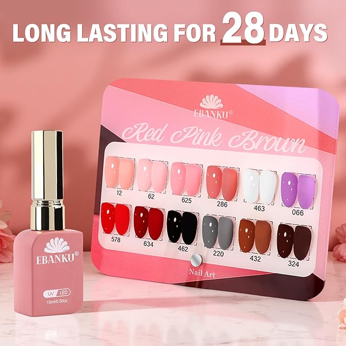 EBANKU 12 Pcs 15ML Gel Nail Polish Set, Same Color Same Bottle Red Pink Nude Brown Fall Soak Off Gel Nail Polish Kit Nail Art Manicure Gifts for Women