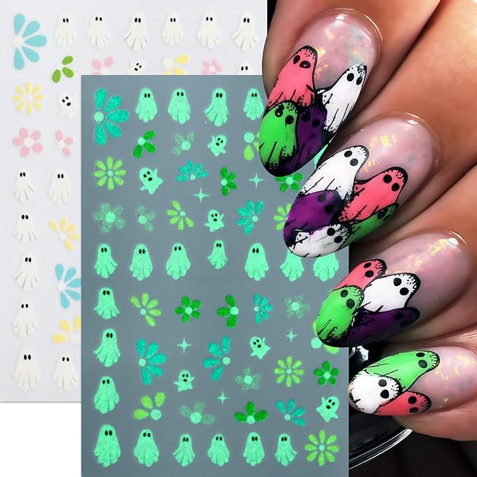 8Sheets Halloween Glow in The Dark Ghost Nail Stickers 3D Self-Adhesive Luminous Ghost Nail Art Decals Spider Web Pumpkin French Nails Design Bats Star Moon Nail Supplies Nail Decorations for Women