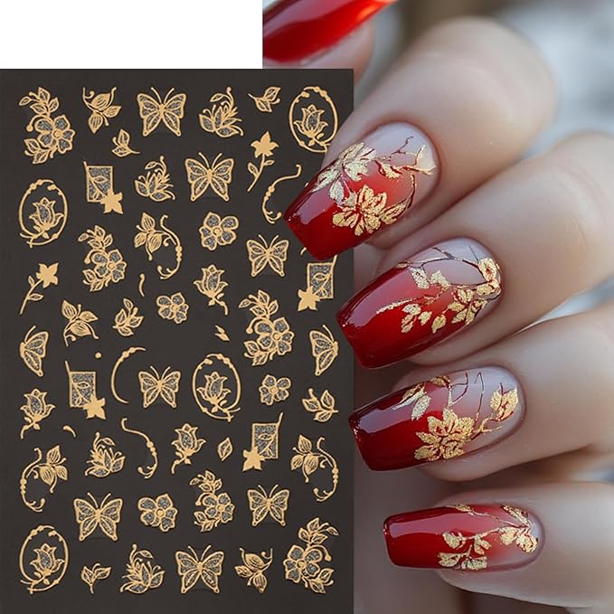 8 Sheets Fall Nail Art Stickers Maple Leaf Nail Decals 3D Self-Adhesive Glitter Gold Flower French Butterfly Nail Design Nail Supplies Thanksgiving Holiday Nail Art Decoration for Women Manicure Tips