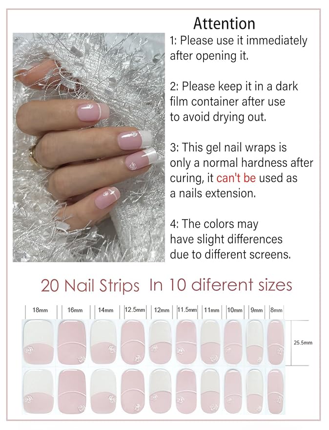 Semi Cured Gel Nail Strips, French, Rose, Easy to Use and Remove, 20pcs Gel Nails Sticker for Home Nails DIY