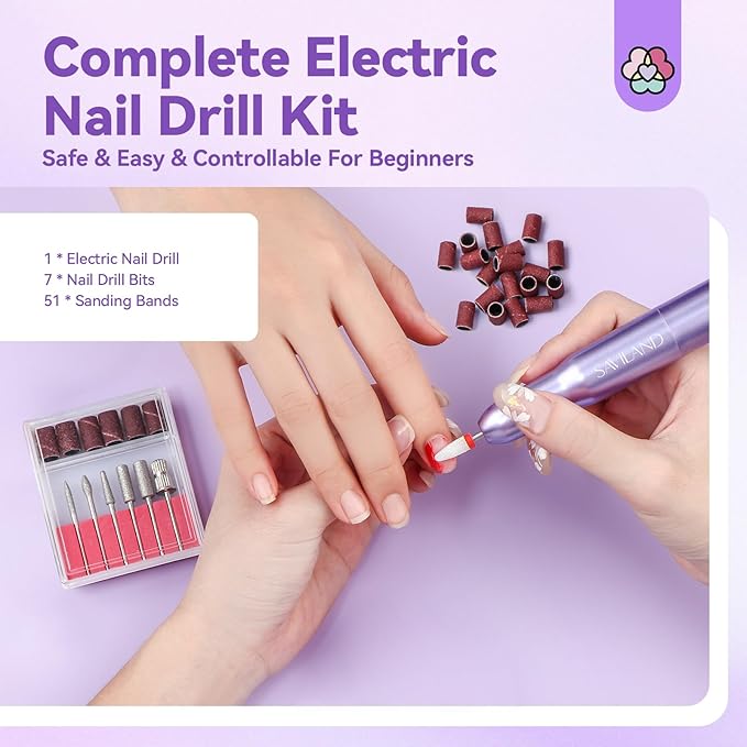 SAVILAND Portable Electric Nail Drill: Nail Drill Kit 20000RPM Purple Cuticle Bit Nail File 51 Sanding Bands Beginners at Home Manicure Pedicure